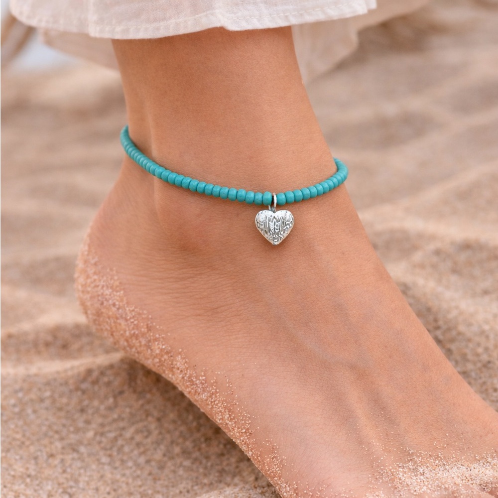 Hand Crafted Turquoise Beaded Anklet with Silver Heart Charm